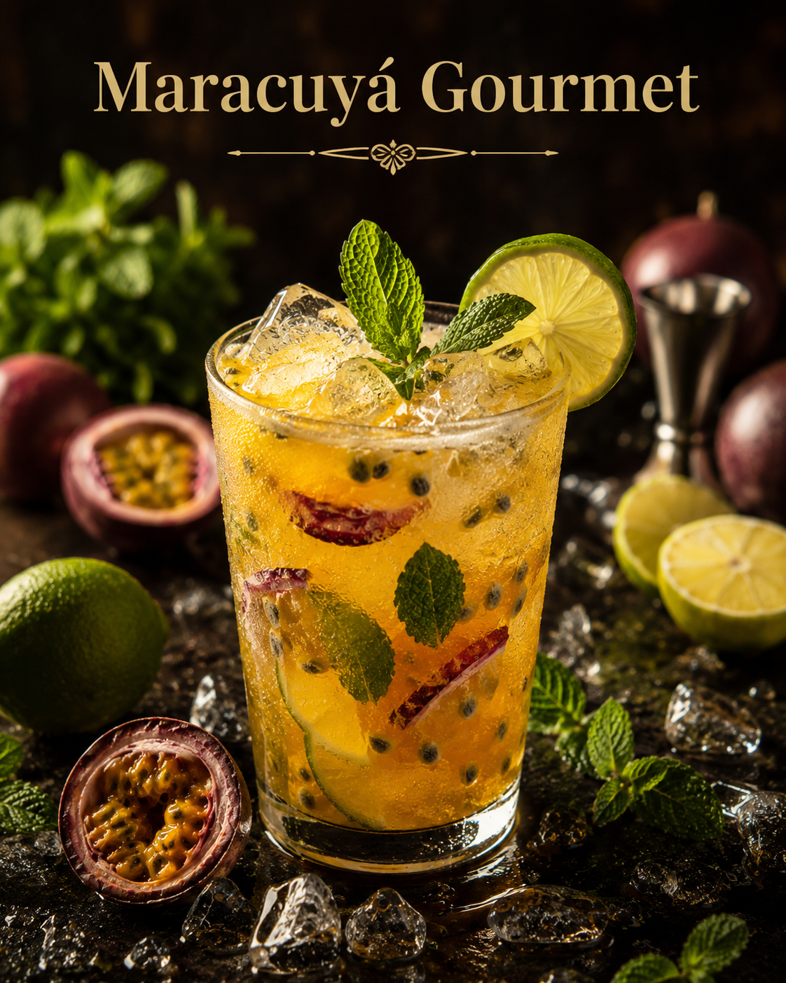 Mojito Maracuy&aacute; Gourmet con hielo y decoraci&oacute;n de fruta