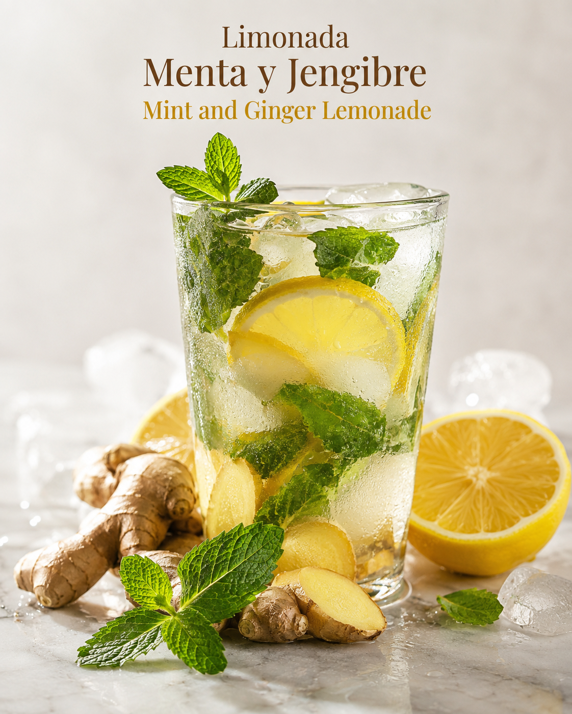 Limonada de menta y jengibre con hielo y decoraci&oacute;n c&iacute;trica