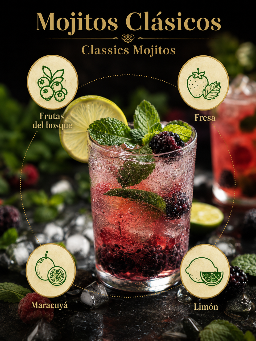 Mojitos cl&aacute;sicos de lim&oacute;n, fresa, maracuy&aacute; y frutas del bosque de Antica Tradizione