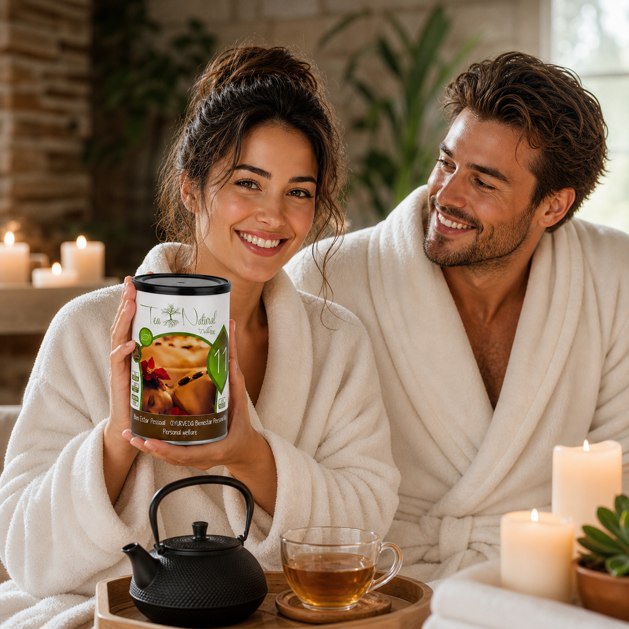 Pareja disfrutando de una infusi&oacute;n Tea Natural en un entorno de spa y wellness