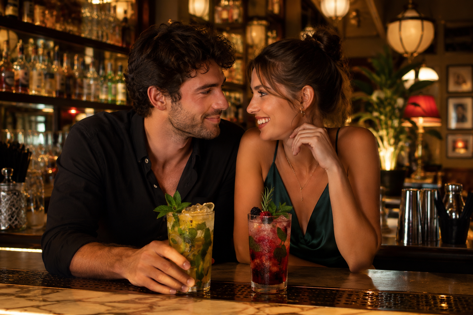 Pareja disfrutando de dos mojitos en la barra de un local