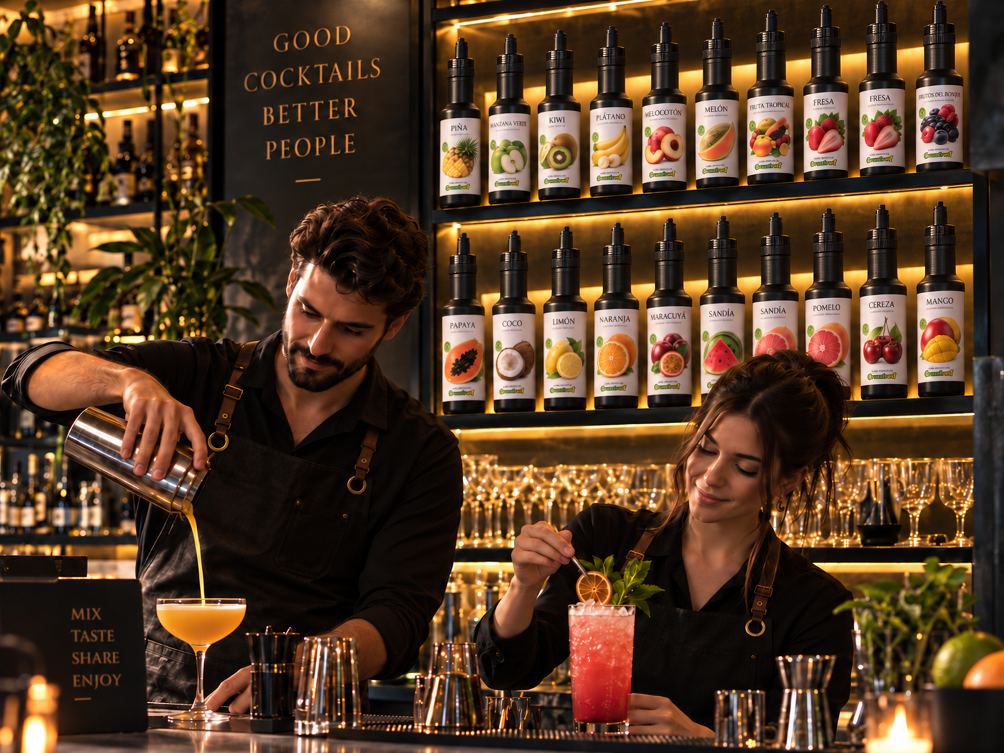 Dos bartenders profesionales preparando c&oacute;cteles con pur&eacute;s de fruta en una barra de hosteler&iacute;a.