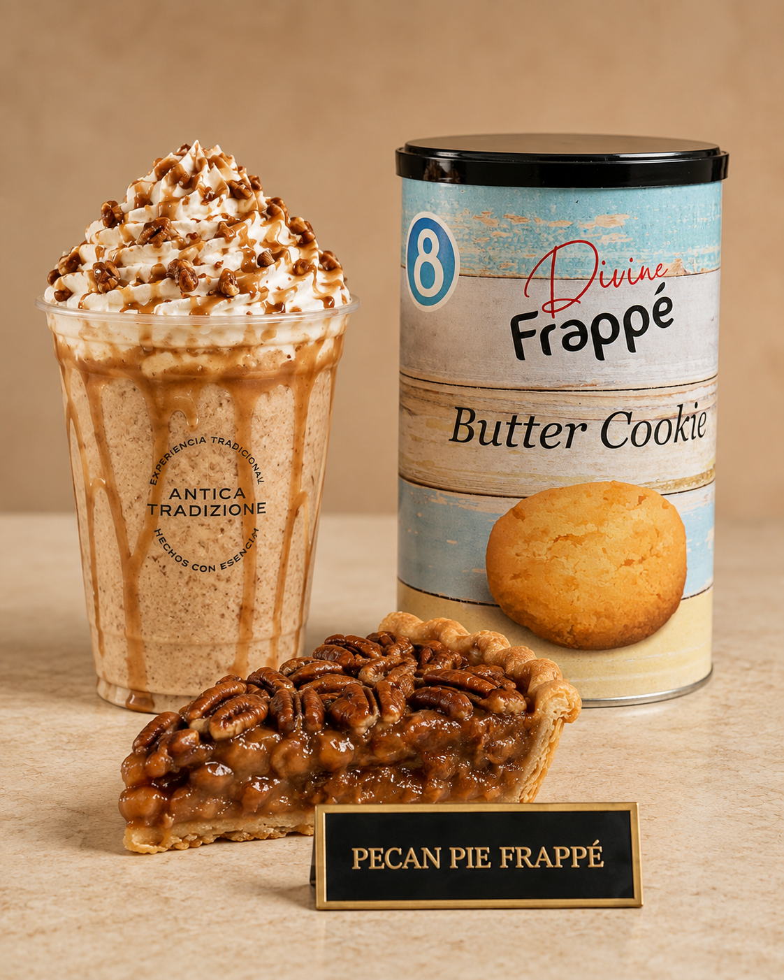 Pecan Pie Frapp&eacute; junto a Butter Cookie y una porci&oacute;n de tarta de nueces pecanas