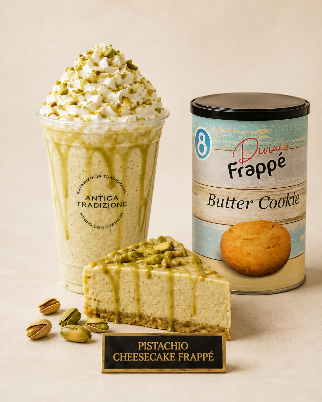Frapp&eacute; de pistacho estilo cheesecake junto a una lata de Butter Cookie