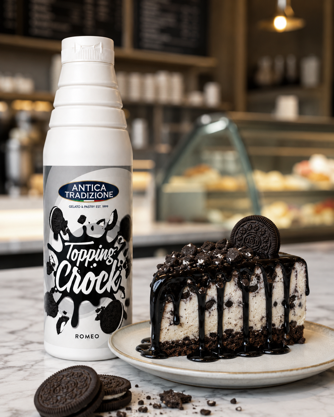 Crema Romeo Crock en botella de 1 litro con tarta de galleta