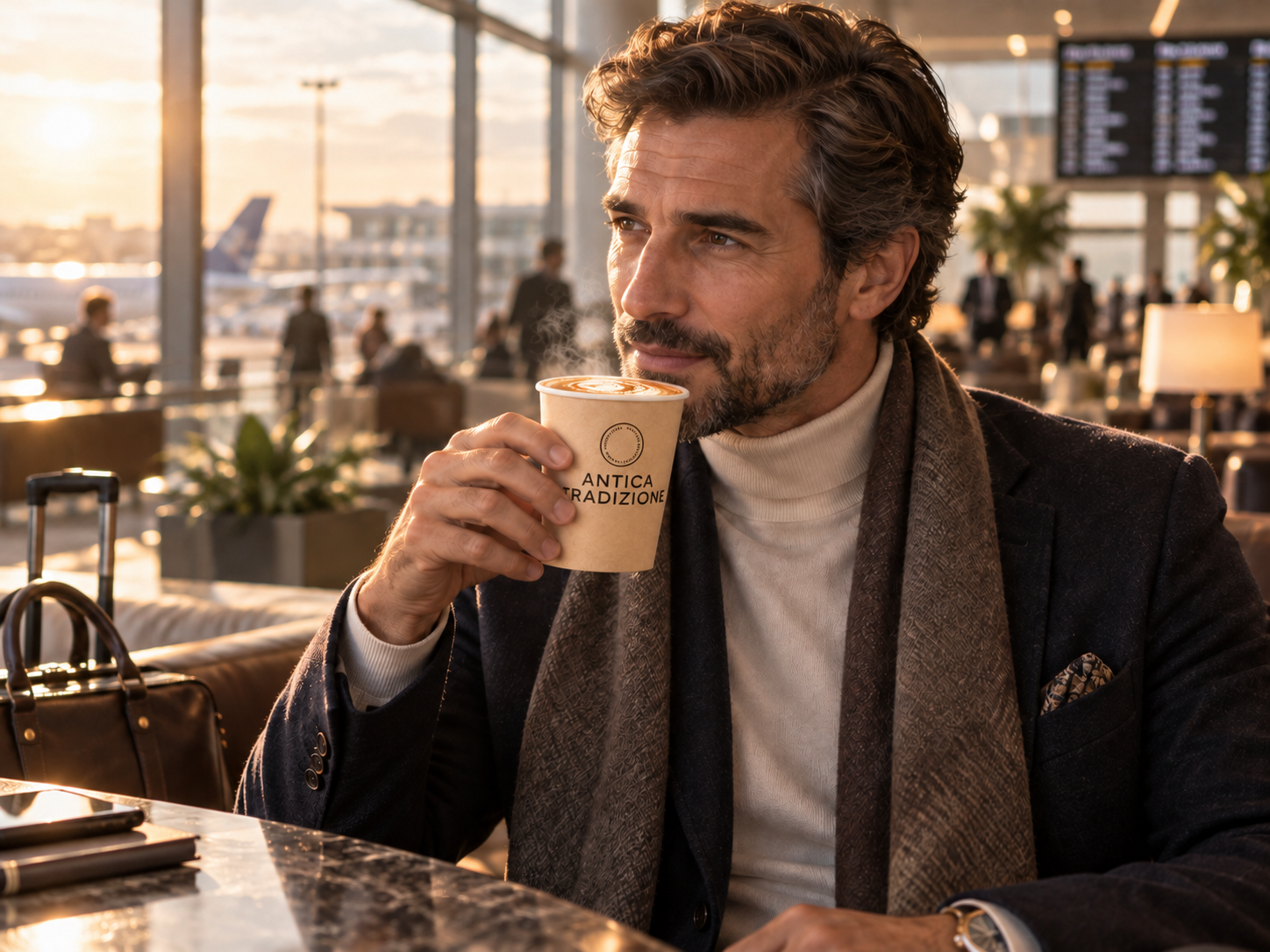Se&ntilde;or tomando un Chai Latte caliente para llevar