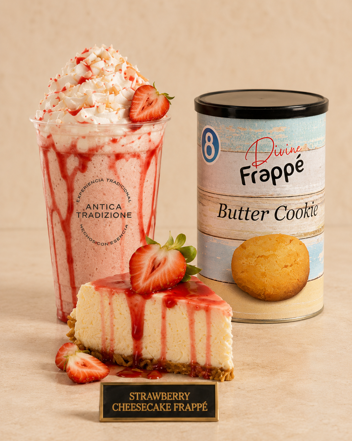 Frapp&eacute; de fresa estilo cheesecake junto a Butter Cookie y fresas