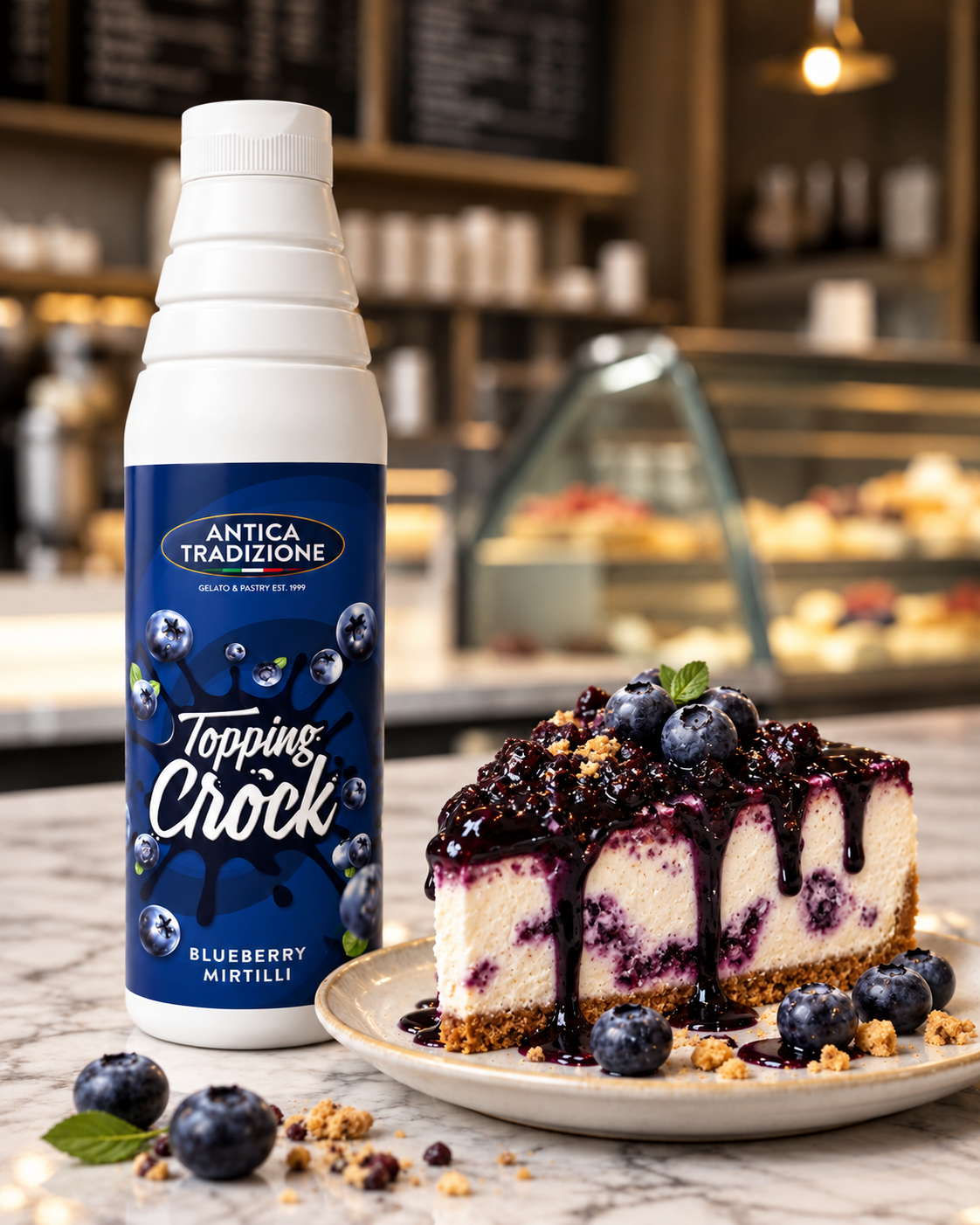 Crema Mirtillo Crock en botella de 1 litro con tarta de ar&aacute;ndanos