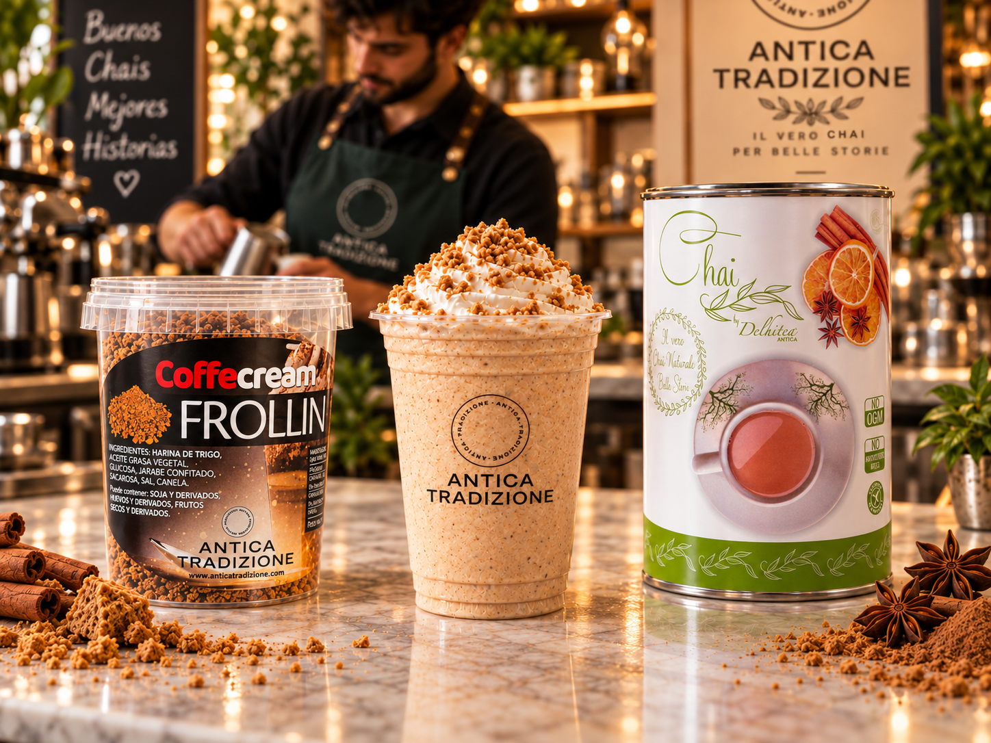 Vaso de Chai Latte con lata Delhitea y Frollino decorativo