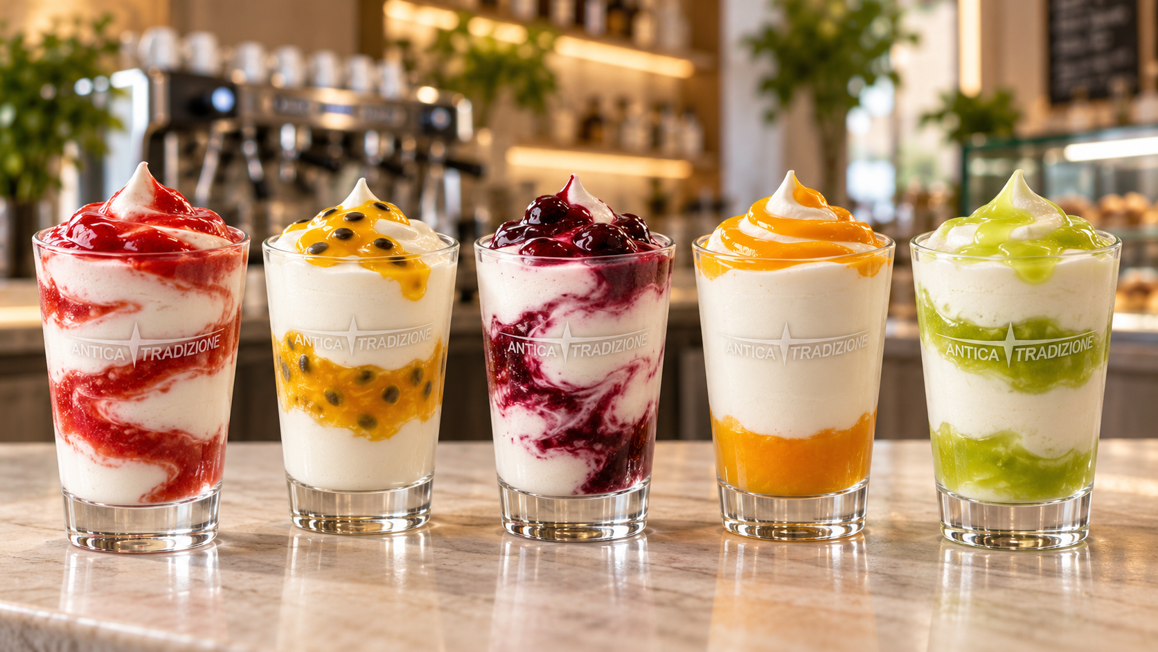 Cinco mousses de yogur Il Greco personalizadas con diferentes pur&eacute;s de fruta Granifruit