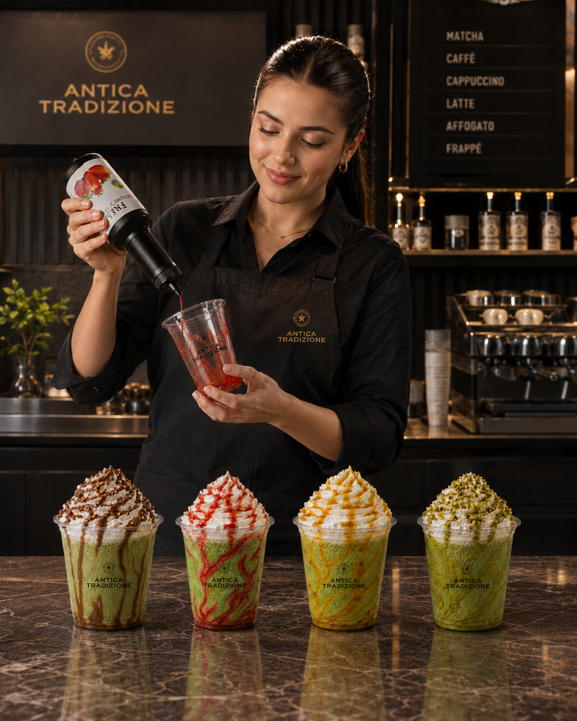 Camarera decorando el interior de un vaso con pur&eacute; de fresa para preparar un Matcha Special.