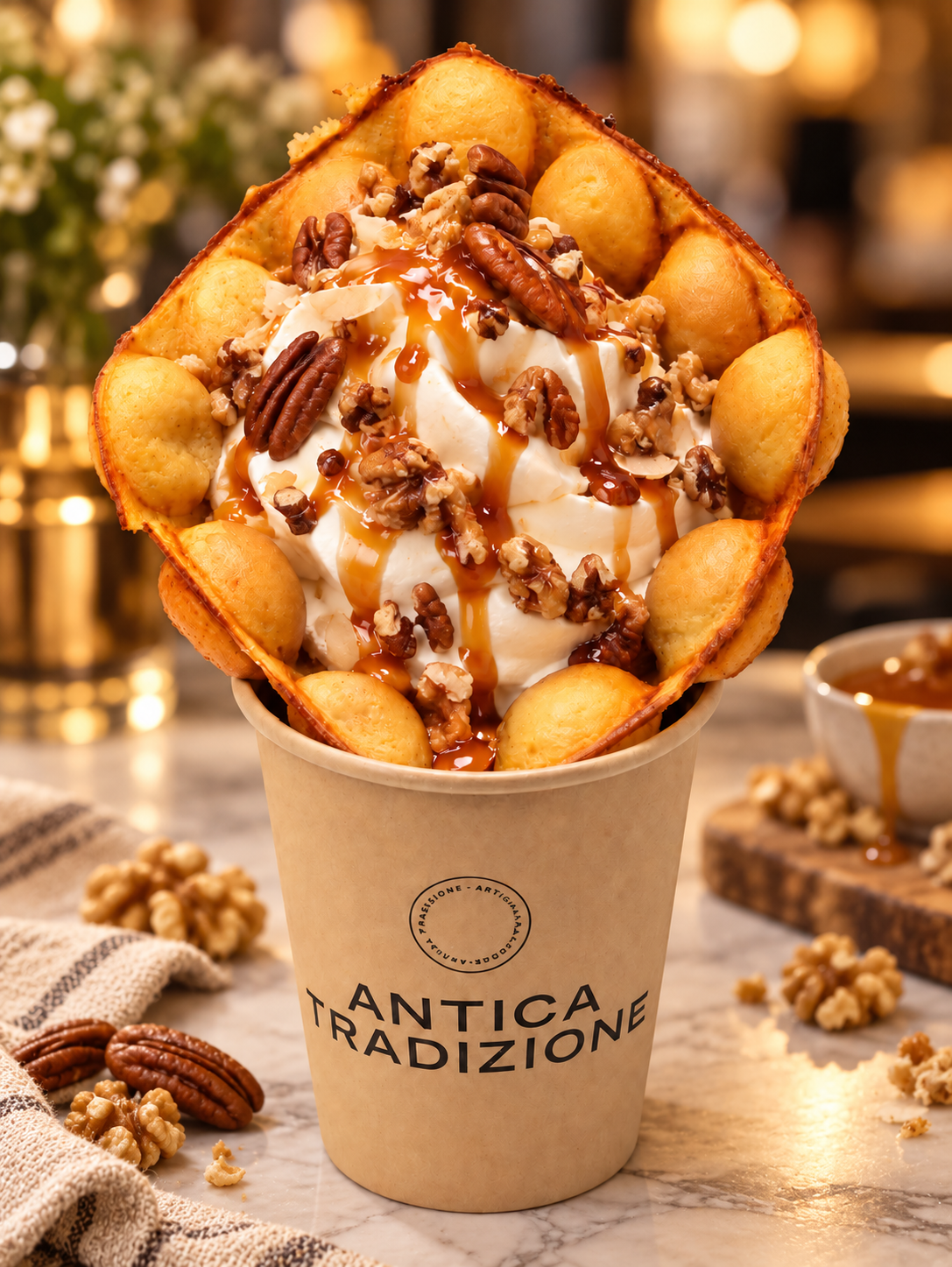 Waffle con nata y nueces