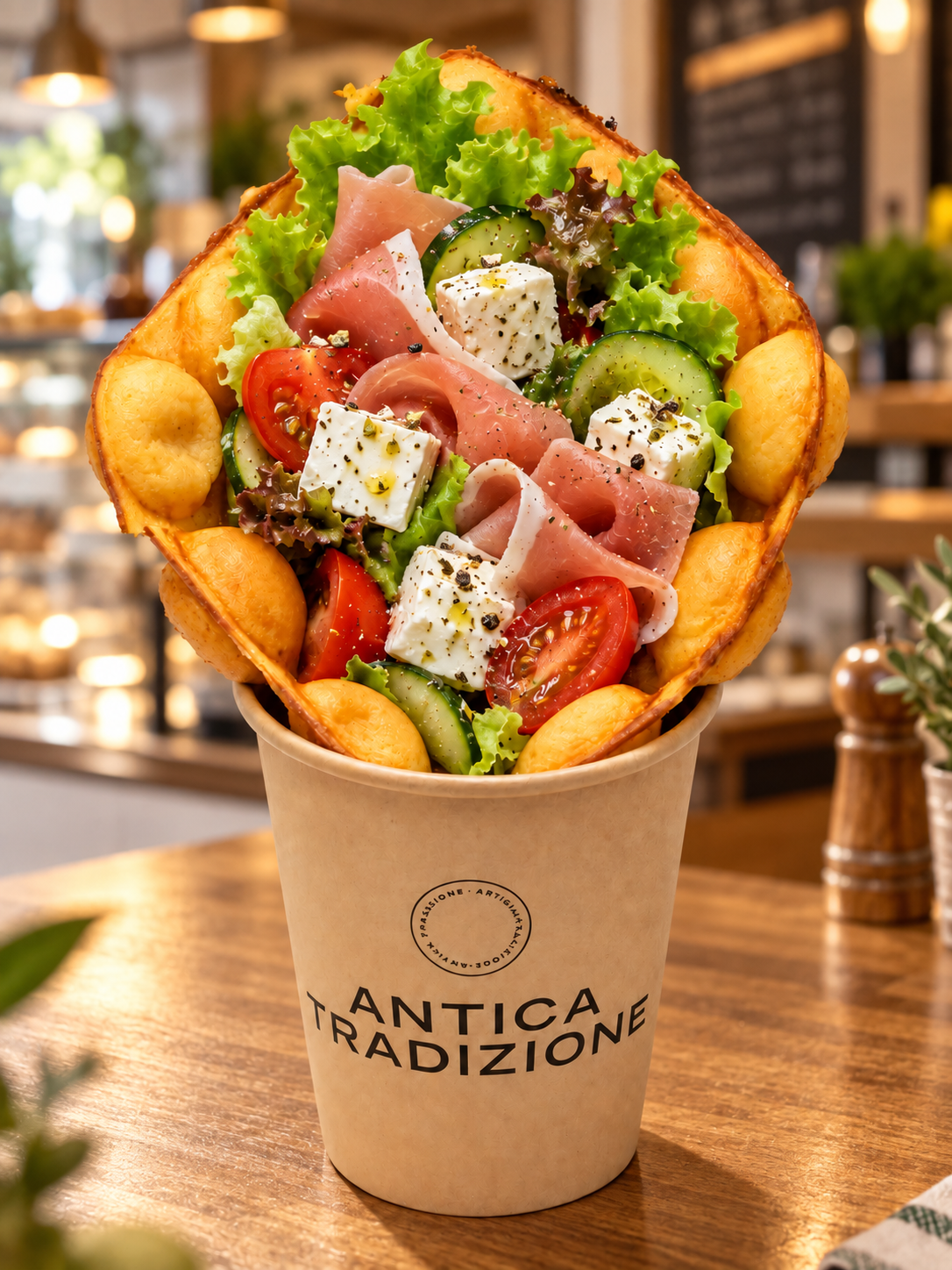 Waffle salado con jam&oacute;n para llevar en vaso de cart&oacute;n