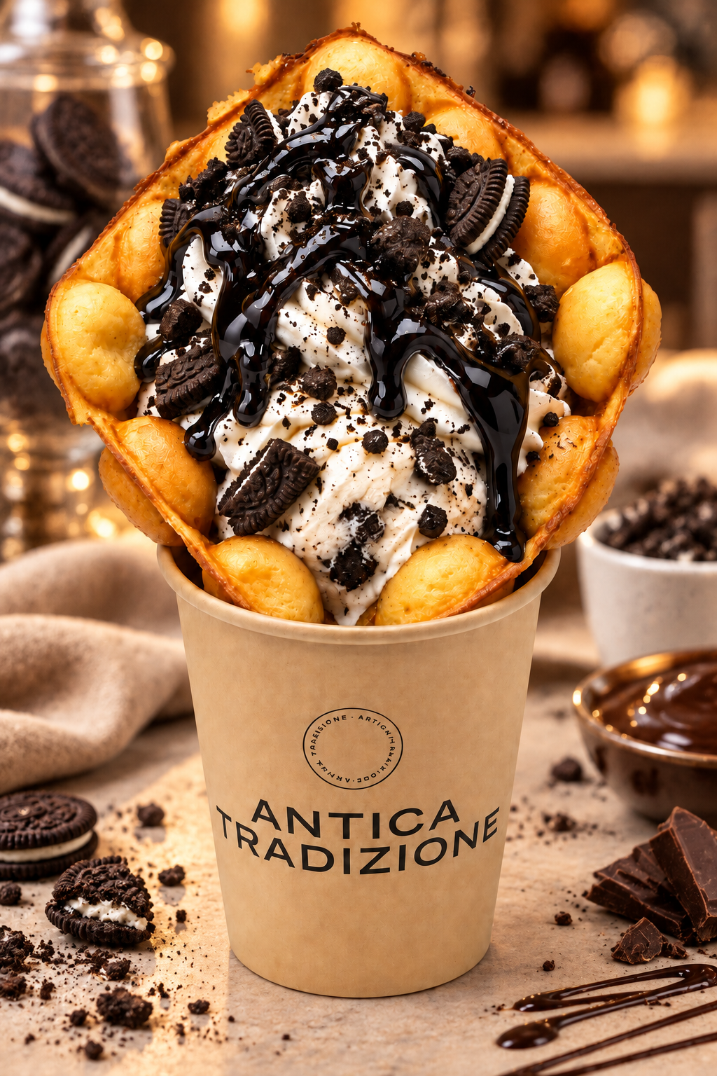 Waffle de galleta con nata