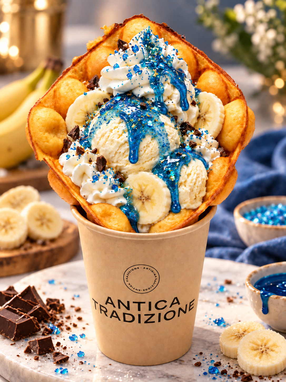 Waffle con helado de pl&aacute;tano y topping Banana Java Glitter