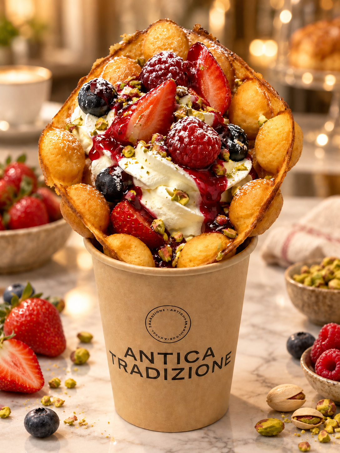 Waffle con nata y frutos rojos