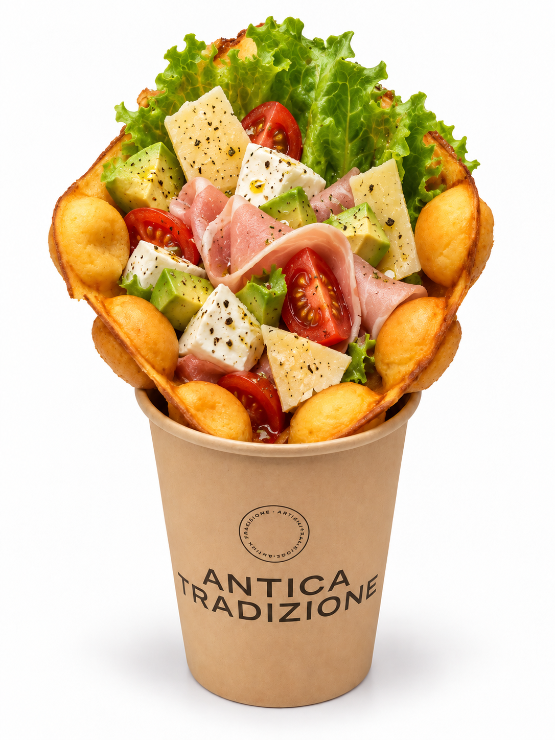 Waffle salado con jam&oacute;n, queso y aguacate