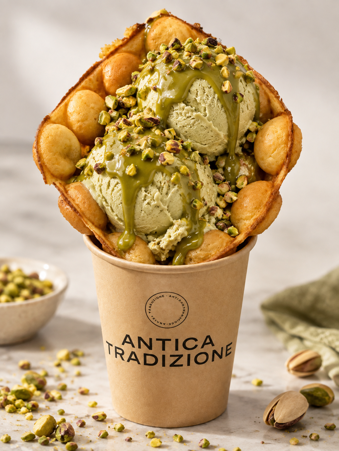 Waffle con helado de pistacho