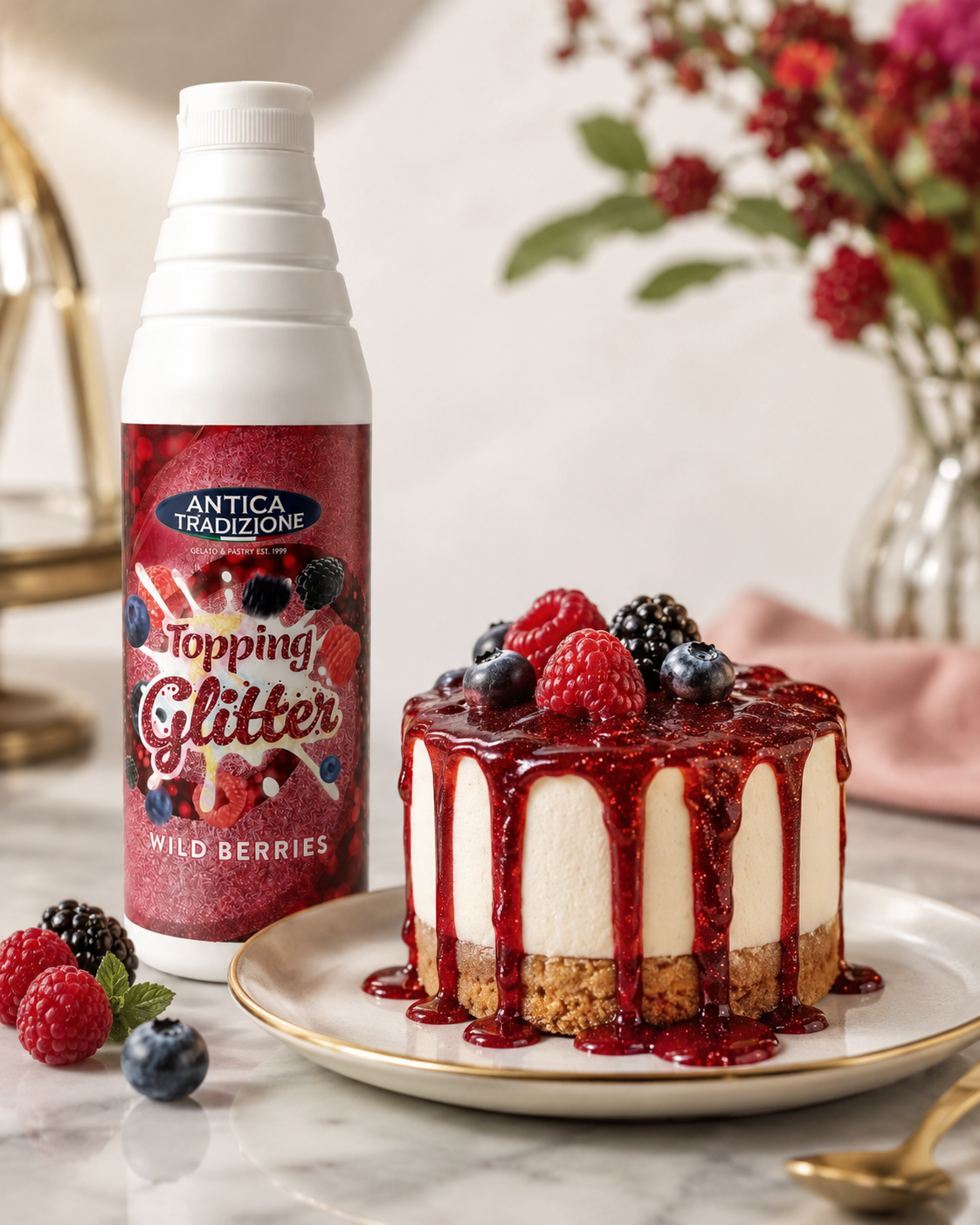 Crema Frutas del Bosque Glitter en botella de 1 litro con postre de frutos del bosque