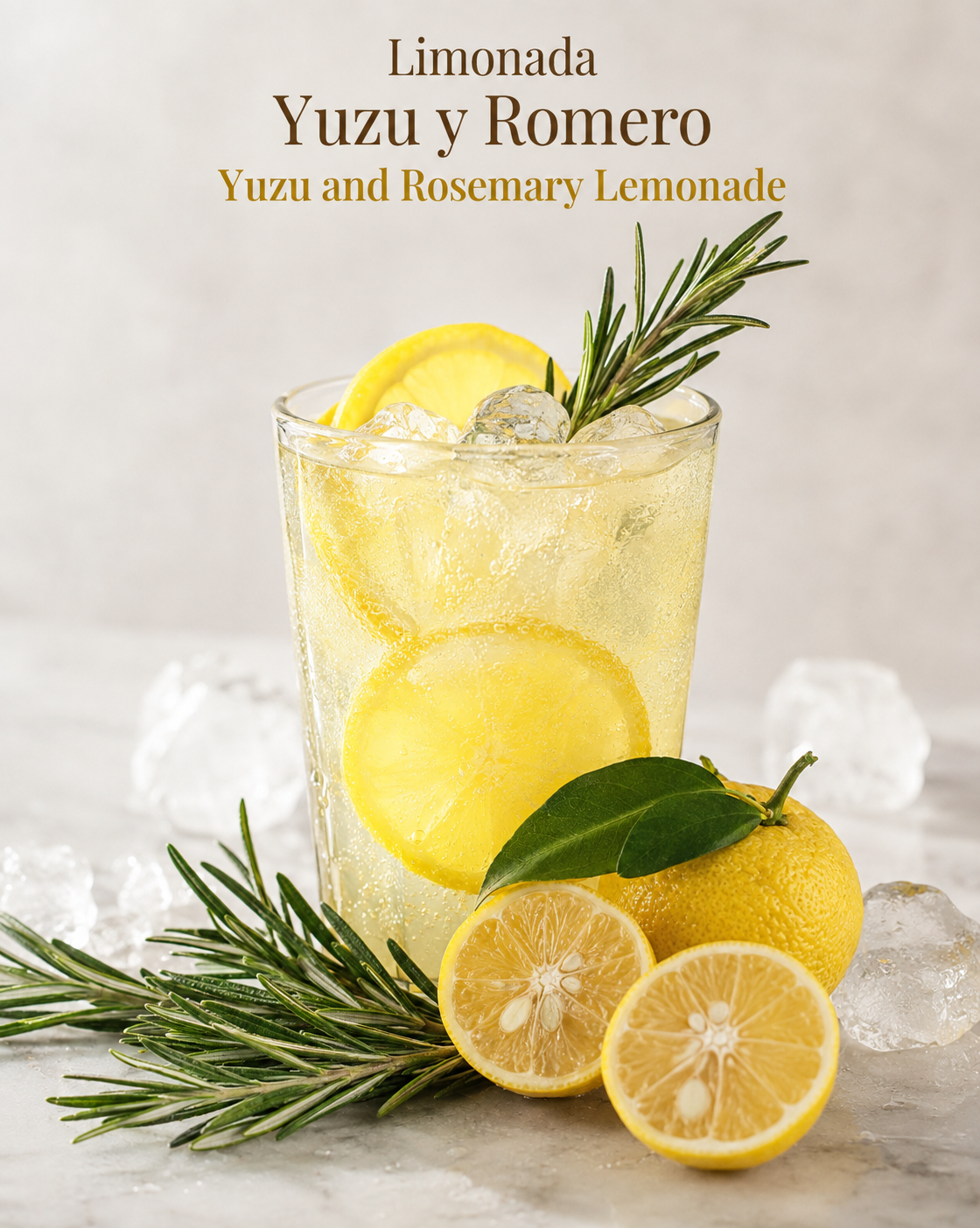 Limonada de yuzu y romero con hielo y decoraci&oacute;n c&iacute;trica